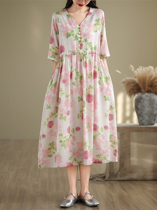 Floral Print V Neck Three Quarter Sleeve Midi Dress