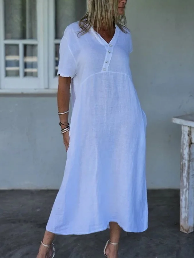Women'S  Casual Solid Color V-Neck Shirt Dress