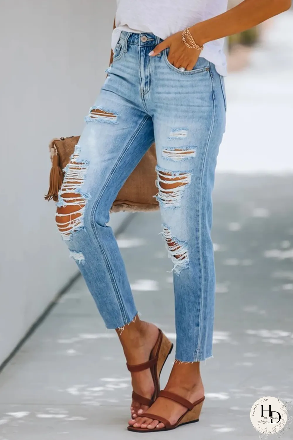 Street Solid Tassel Ripped Regular Pencil Solid Color Bottoms