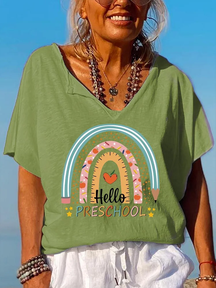 Hello Preschool V Neck T-shirt-07037