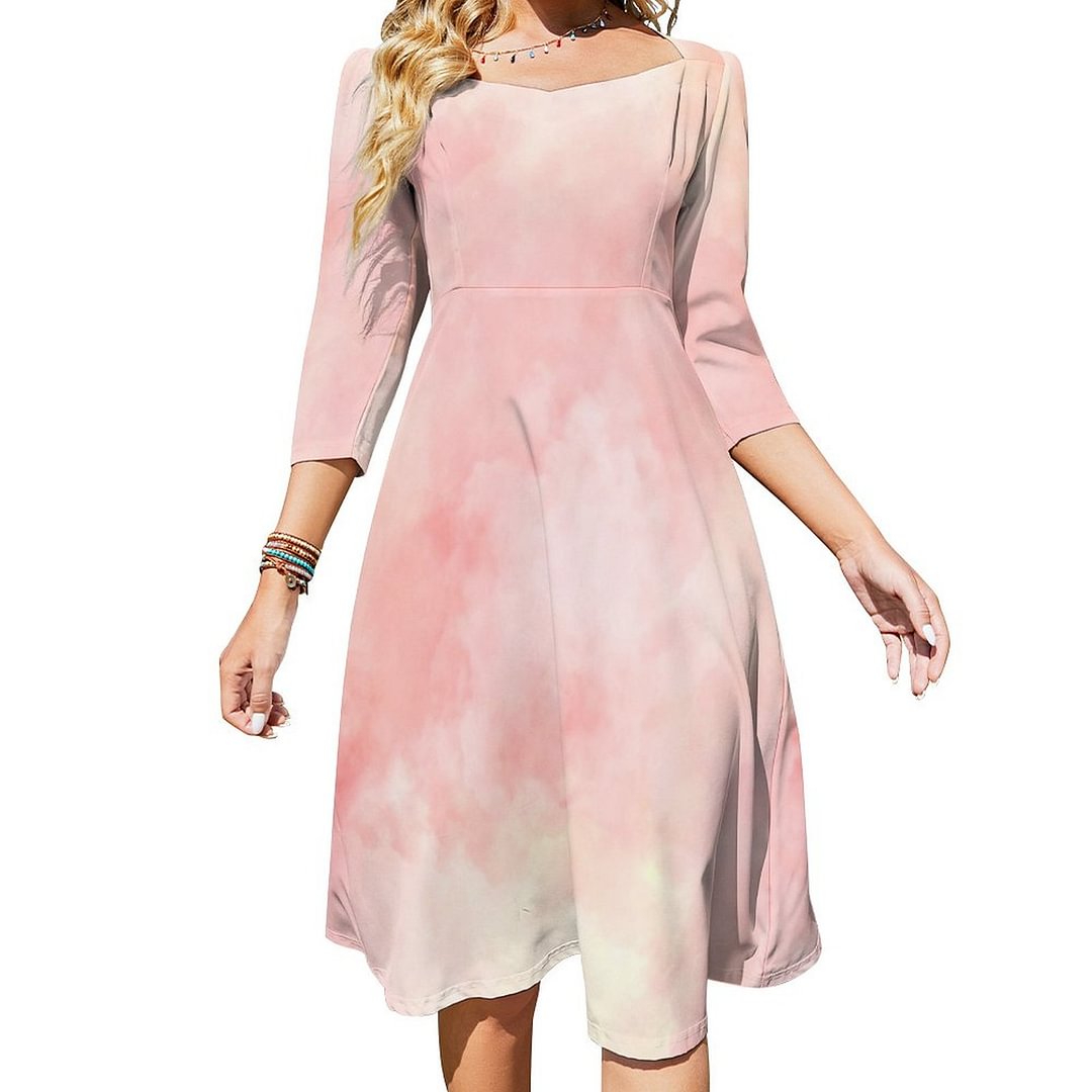Girly Pink Blush Peach Dress Sweetheart Tie Back Flared 3/4 Sleeve Midi Dresses