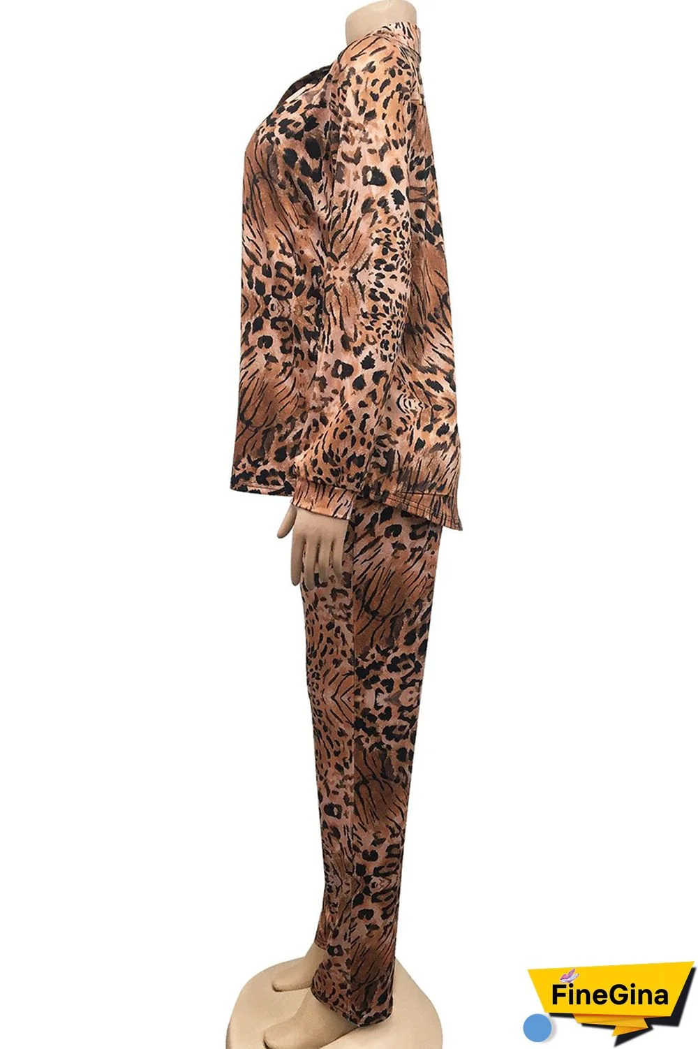 Tiger Pattern Fashion Casual Print Cardigan Vests Pants Turn-back Collar Long Sleeve Two Pieces