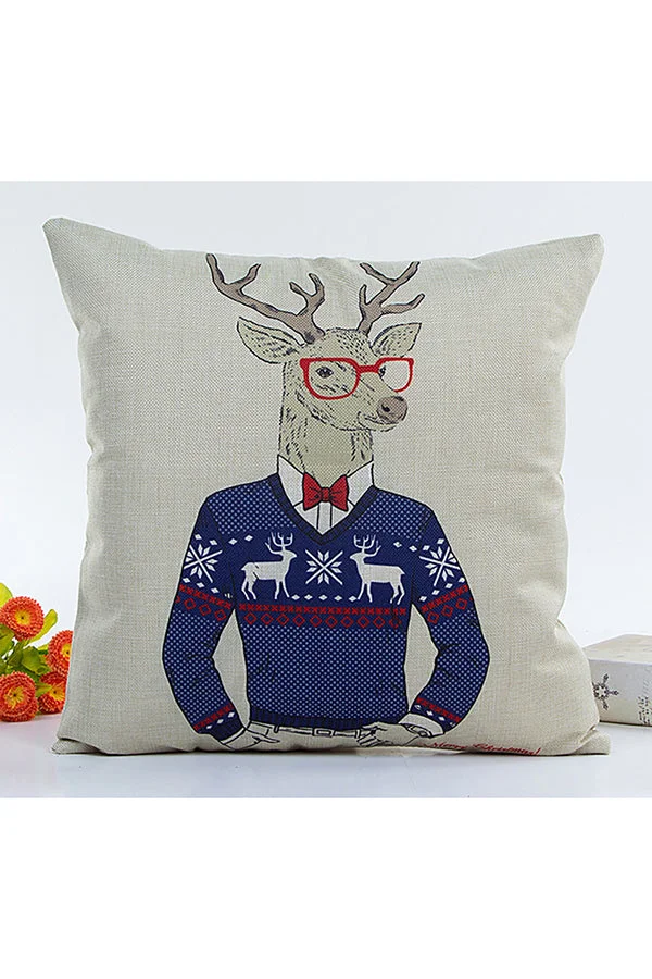 Home Decor Gentlemanlike Reindeer Print Christmas Throw Pillow Cover Blue-elleschic