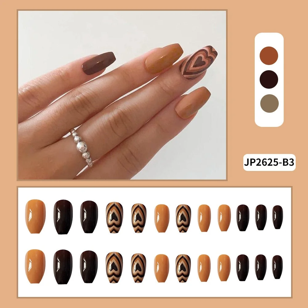 24PCS Nude Color Fake Nails With Black Grids Press On False Detachable Full Cover Artificial Tips Nail Art DIY Manicure No Glue-Nail Inspo