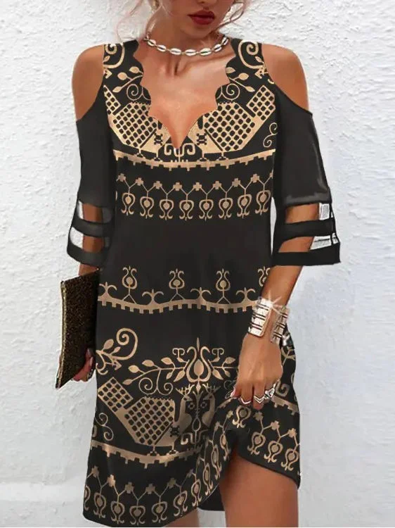 Printed V Neck Cold Shoulder Women's Dress