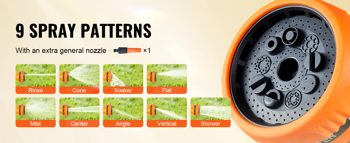 9 spray patterns for VEVOR retractable hose reel, including rinse, cone, soaker, flat, mist, center, angle, vertical, and shower.