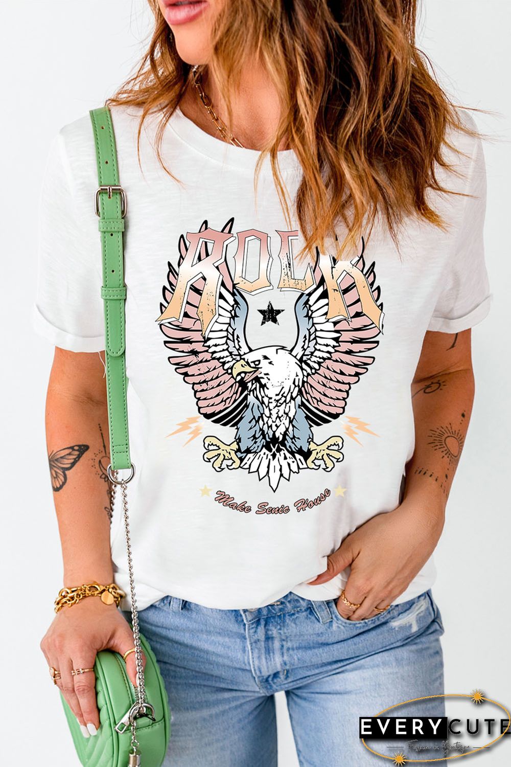 White ROCK & Eagle Graphic Round Neck Tee