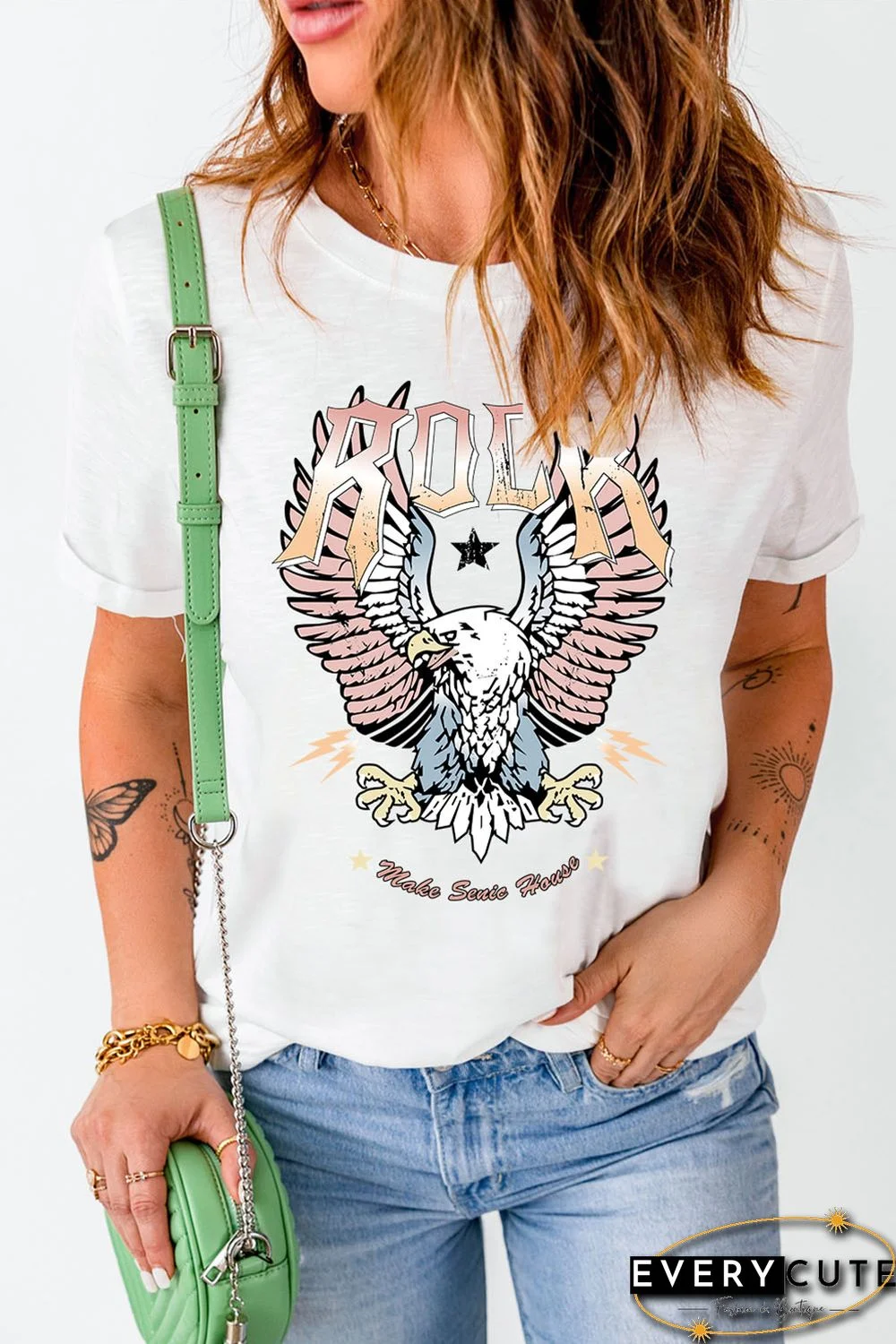 White ROCK & Eagle Graphic Round Neck Tee