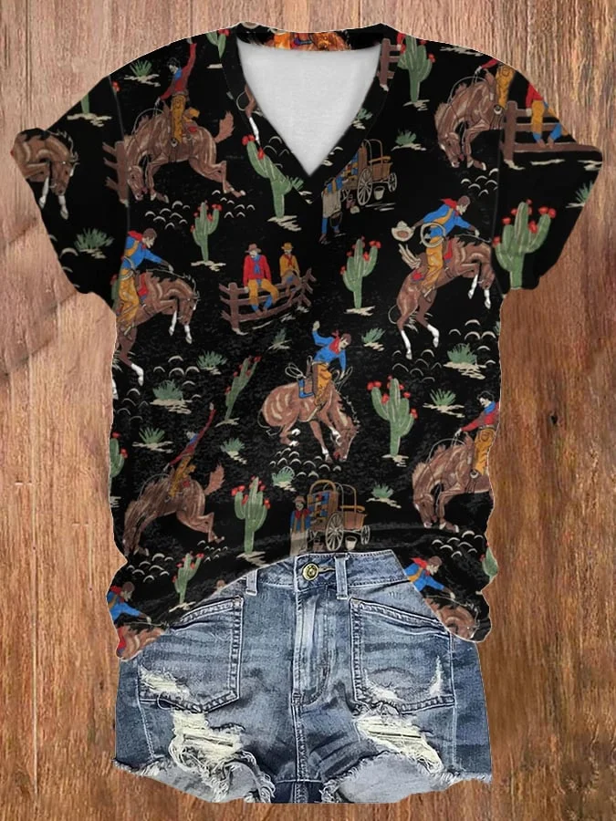 Buy 2 Get 5% Off Vintage Western Print Short Sleeve T-Shirt
