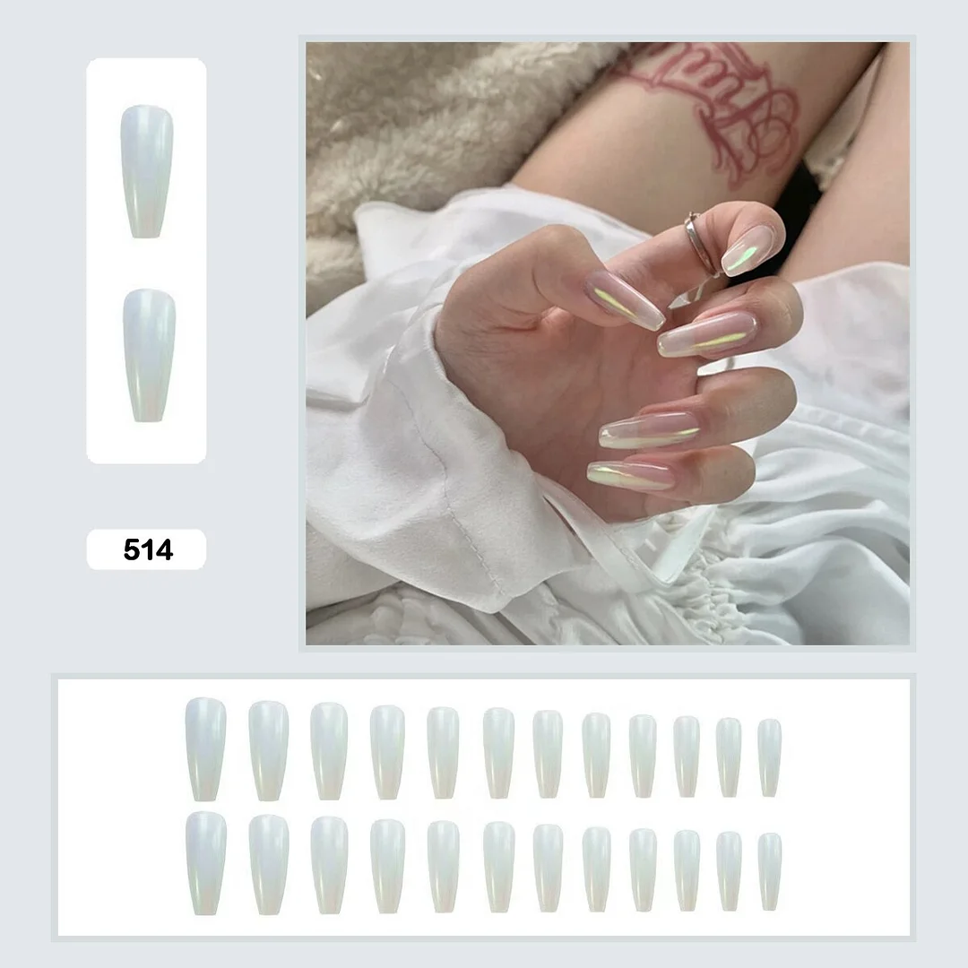 Mermaid Color Auroral Color Shell Fairy Fake Nail Art Wearable False Nails With Glue And Sticker 24pcs/box-Nail Inspo