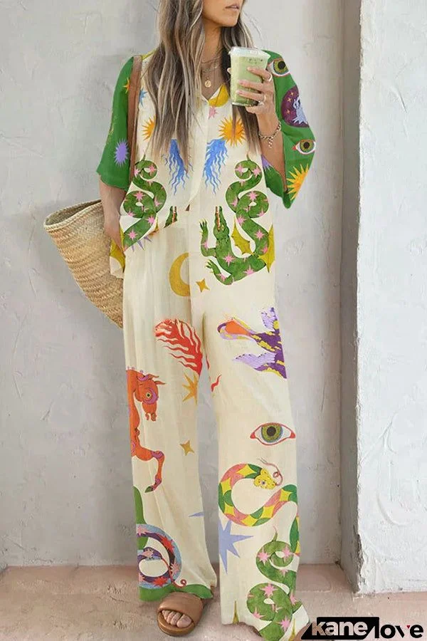 Reeves Linen Blend Unique Print Oversized Blouse and Elastic Waist Pocketed Wide Leg Pants Set
