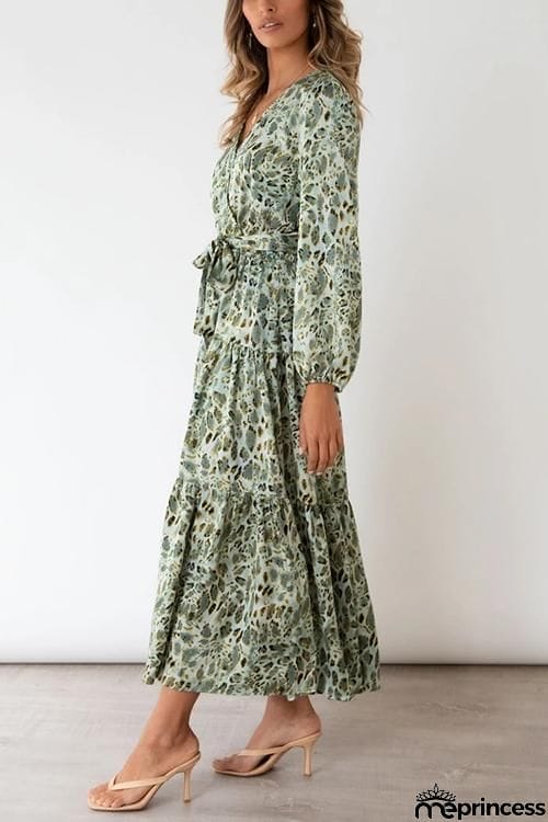 Print Belted Long Sleeve Maxi Dress