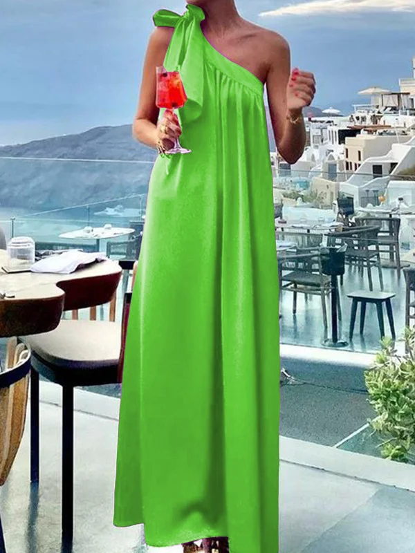 A-Line Loose Asymmetric Pleated Solid Color Tied One-Shoulder Maxi Dresses