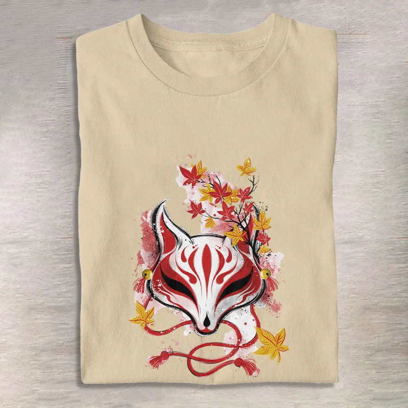 Japanese Fox Mask Print Short Sleeved T-Shirt