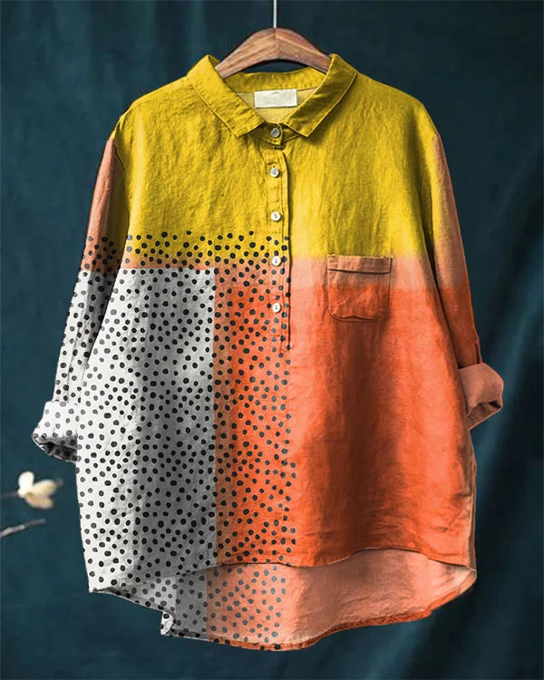 Vintage Colorful Dots Abstract Art Print Cotton and Linen Casual Shirt