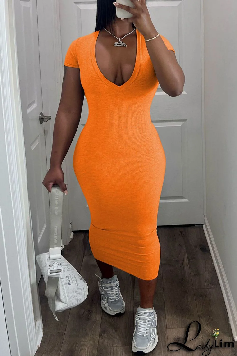 Coffee Casual Solid Basic V Neck Short Sleeve Dress Dresses