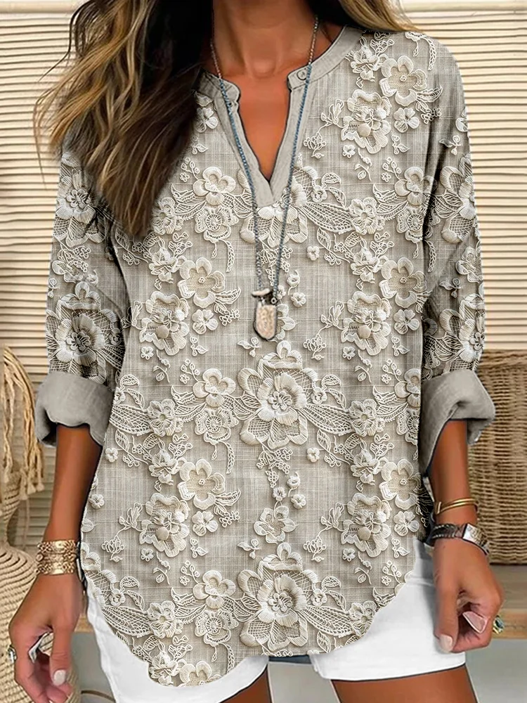 Comstylish Floral Lace Embroidered Linen Blend Cozy Shirt