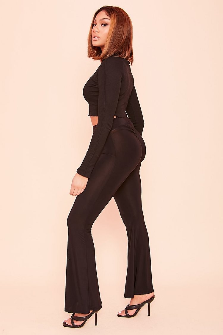Black Ruched Bum Flared Trousers 