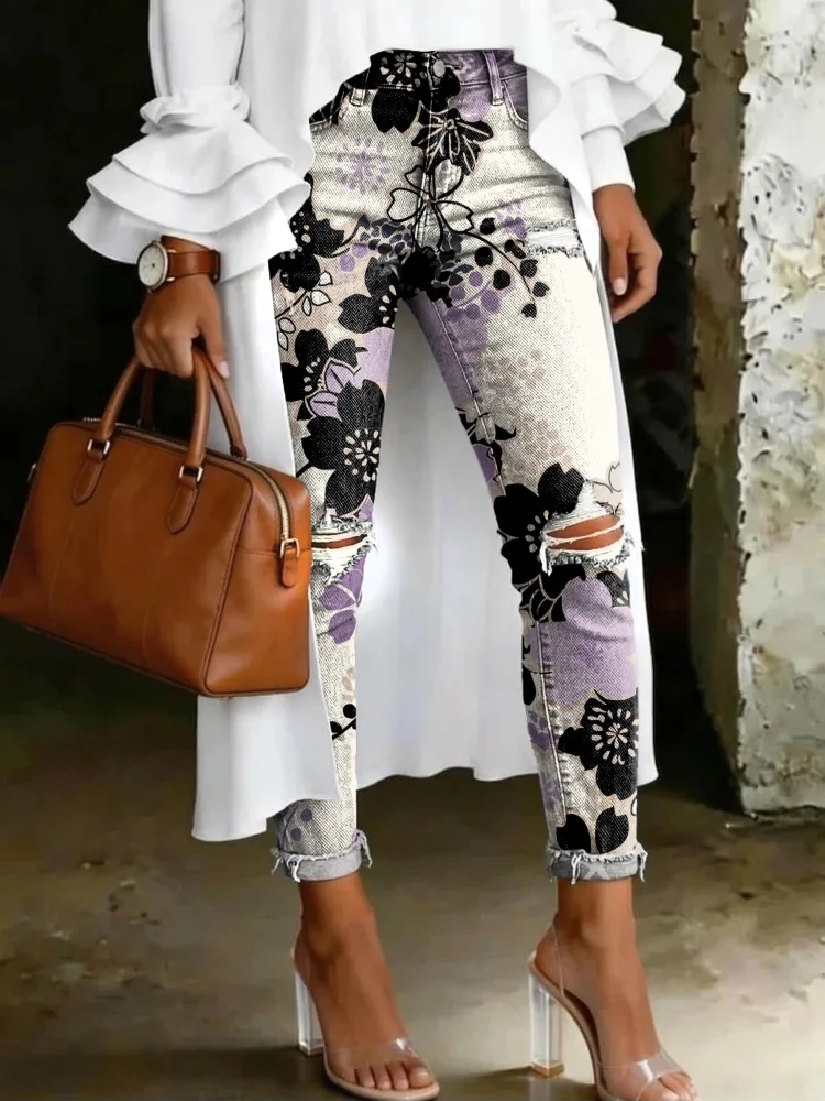Women's Fashion Retro Color-block Floral Artistic Print Casual High-waisted Skinny Ripped Jeans