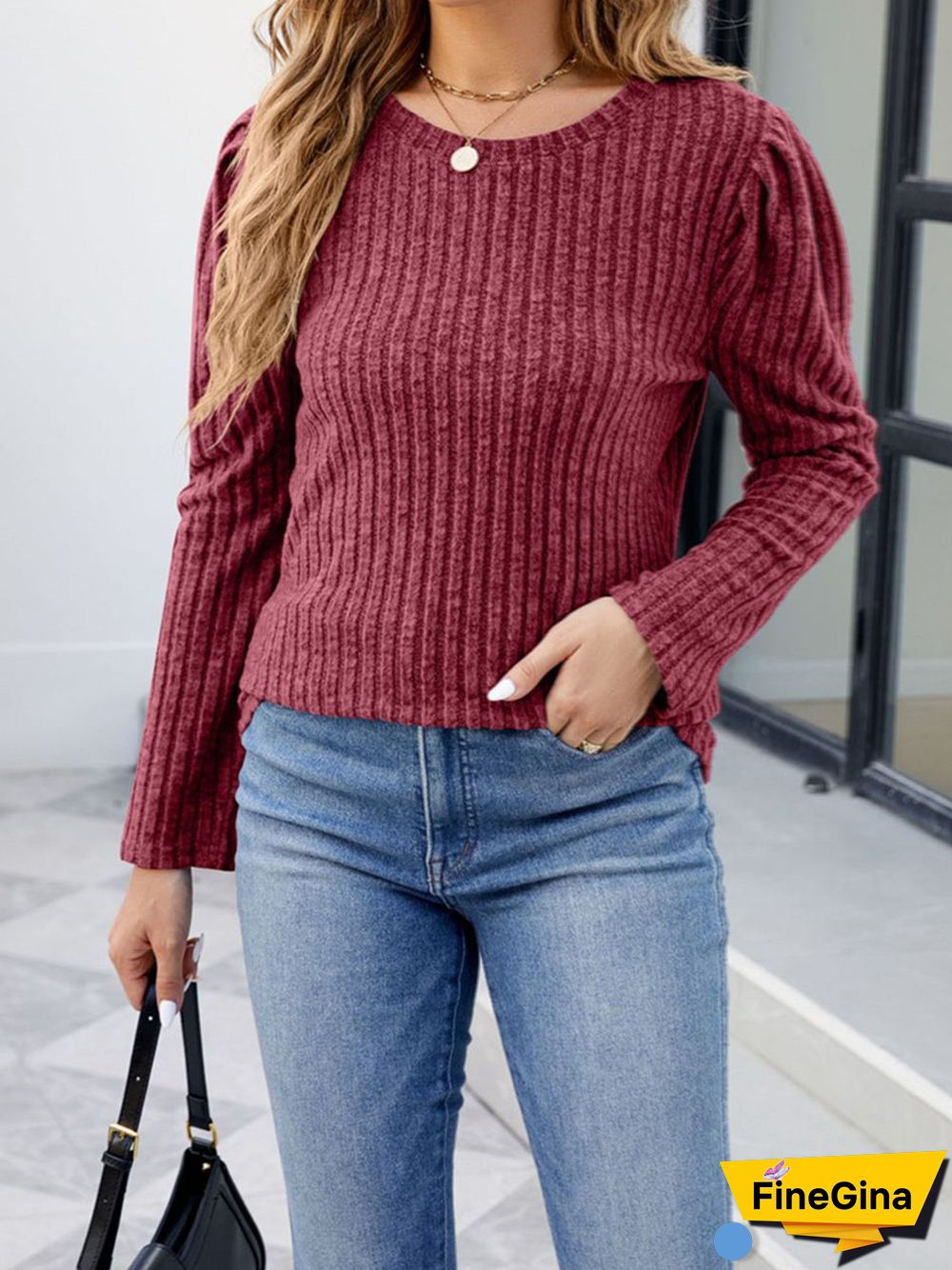 Women's Striped Solid Color Scoop Neck Ruffled Long Sleeve Sweater Top