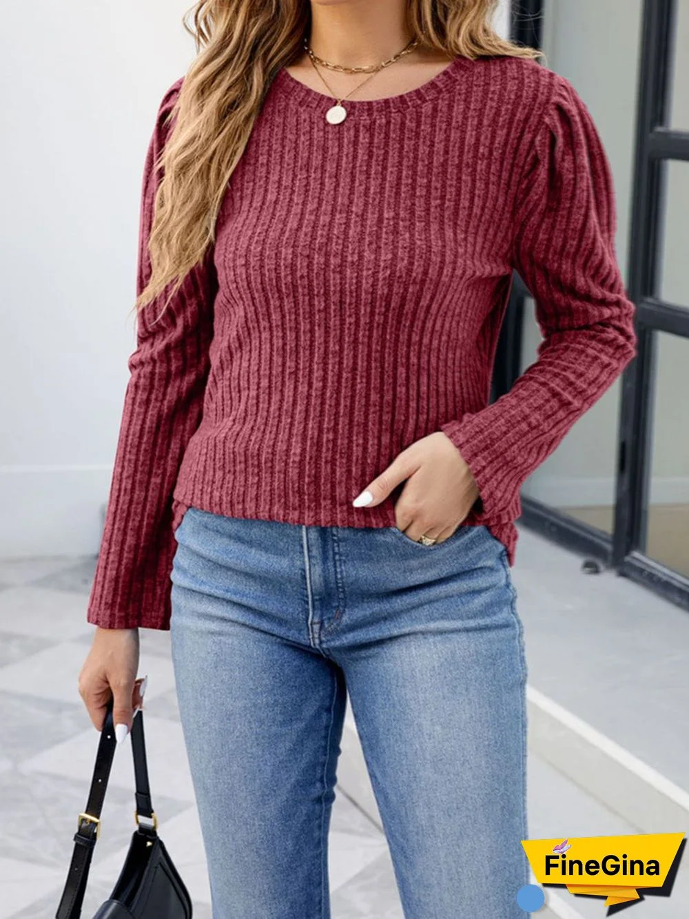 Women's Striped Solid Color Scoop Neck Ruffled Long Sleeve Sweater Top