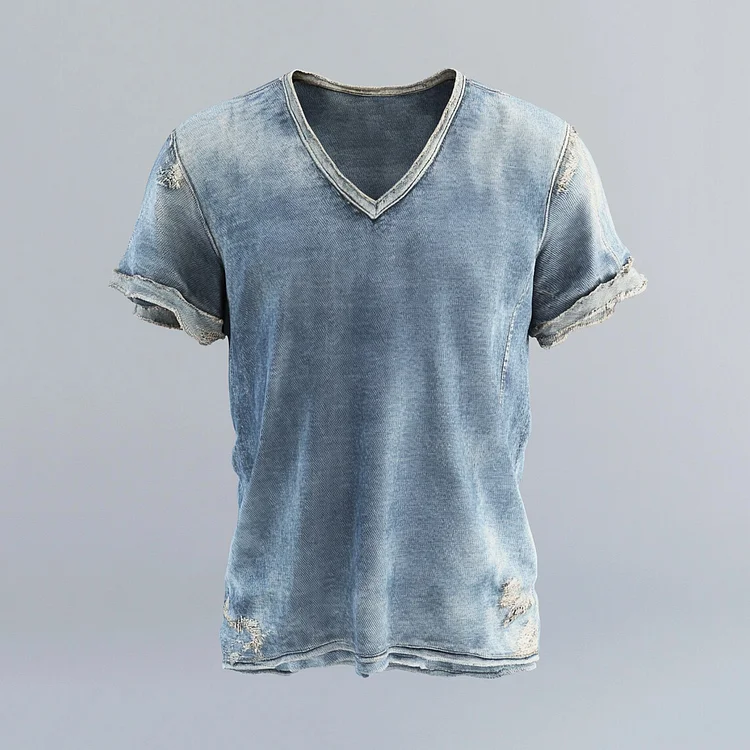 Men's Distressed Denim Ripped V Neck Short Sleeve T-Shirt