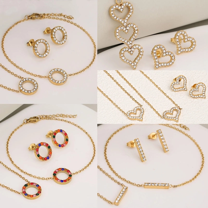 Luxurious Shiny Korean Style Circle Heart Shape 304 Stainless Steel Rhinestones 18K Gold Plated Polishing Plating Inlay Jewelry Set
