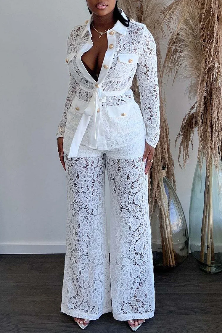 Xpluswear Plus Size Formal Solid Button See-Through Lace Up Two-Piece Pant Set 