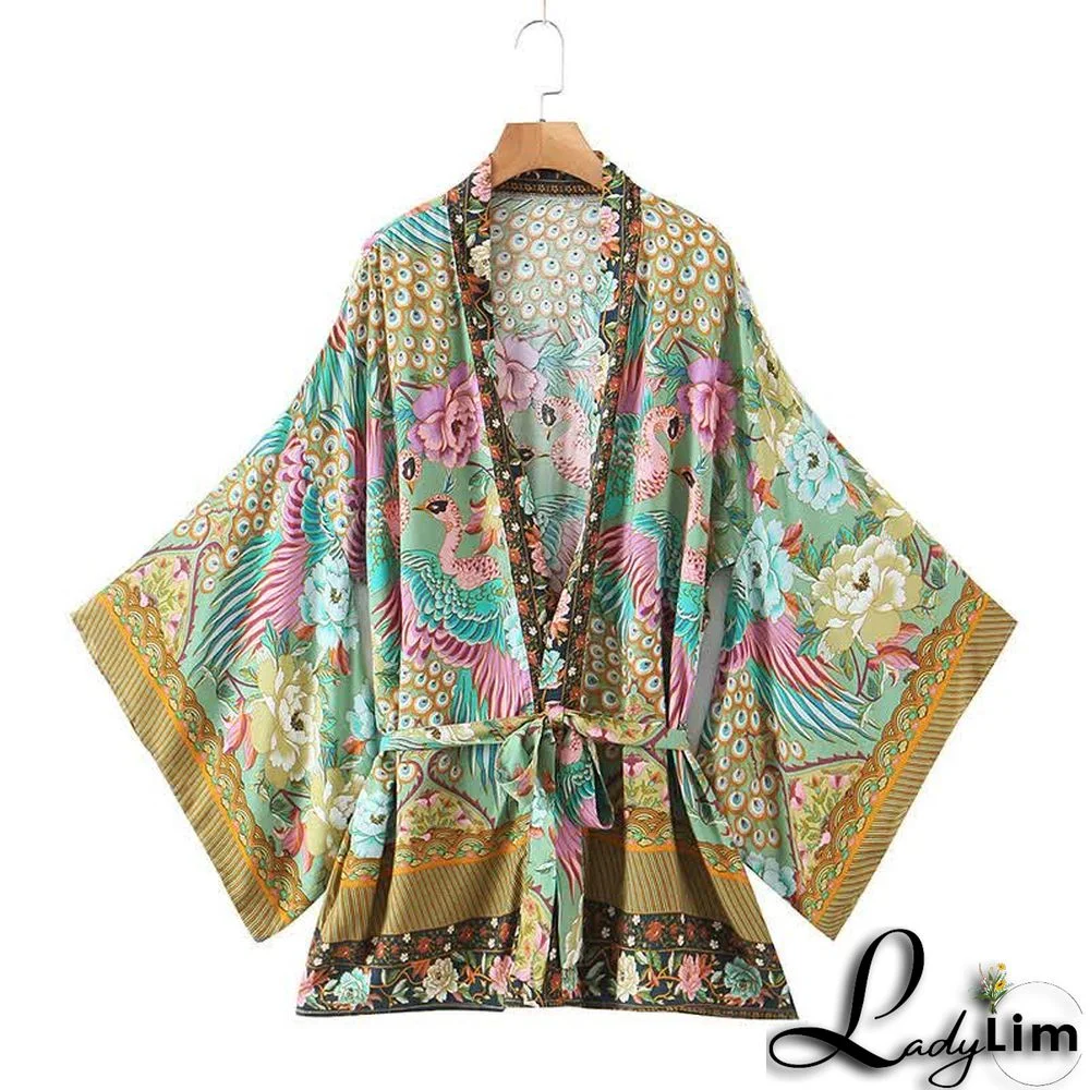 Boho Phoenix Blossom Print Belt Cardigan Kimono Outerwear