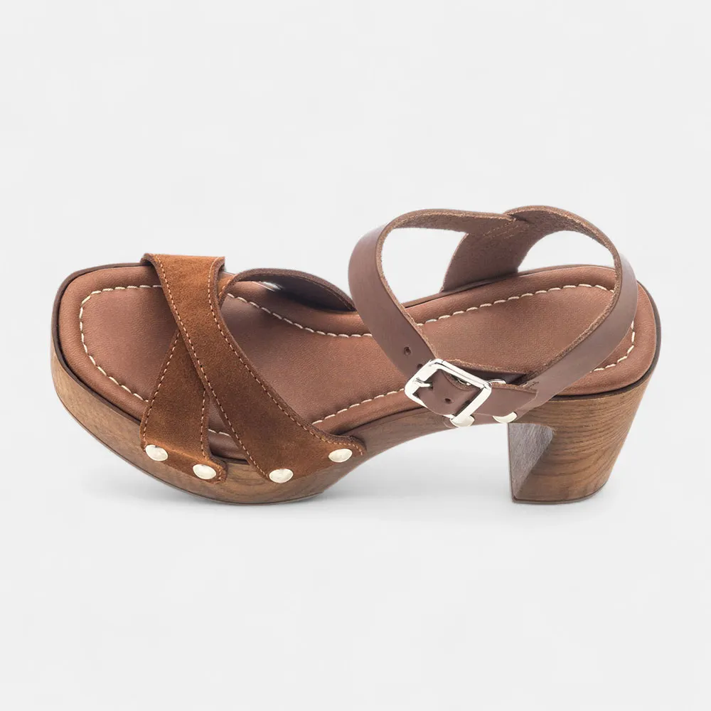 Brown Vegan Leather Open-Toe Studded Strappy Platform Heel Sandals