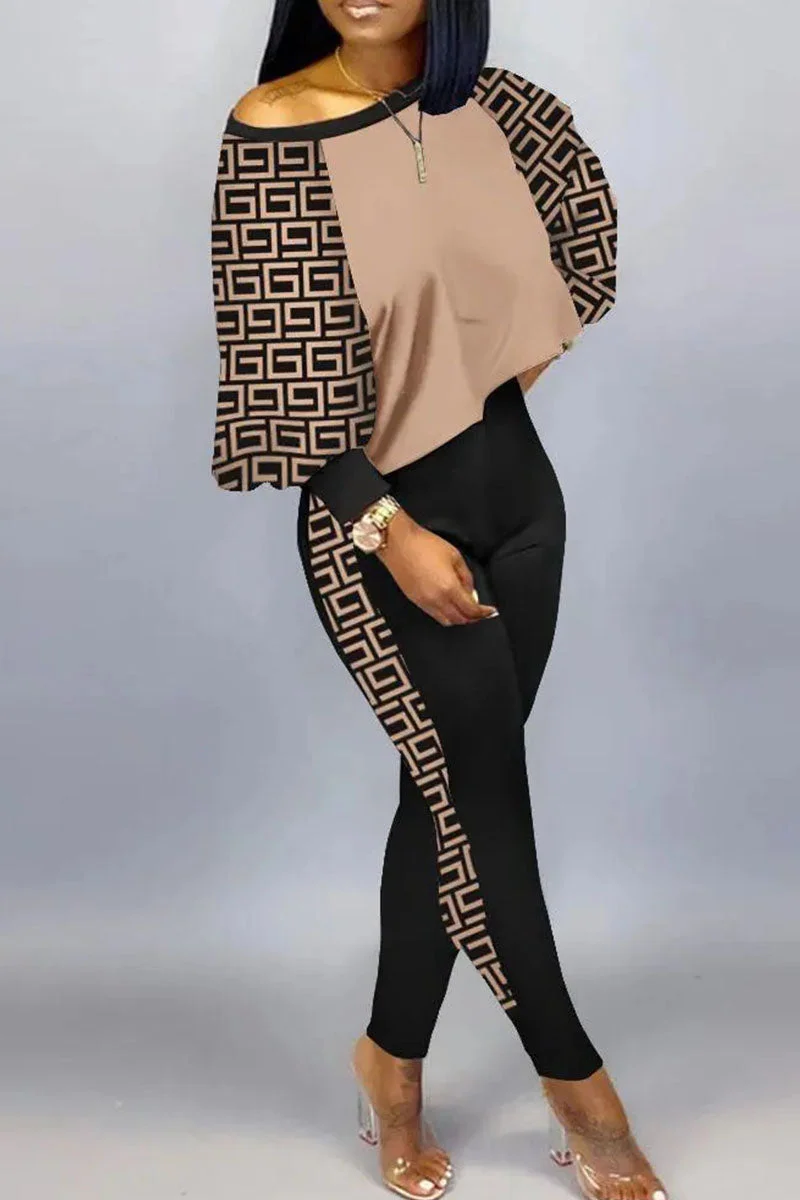 Casual Print Patchwork O Neck Long Sleeve Two Pieces