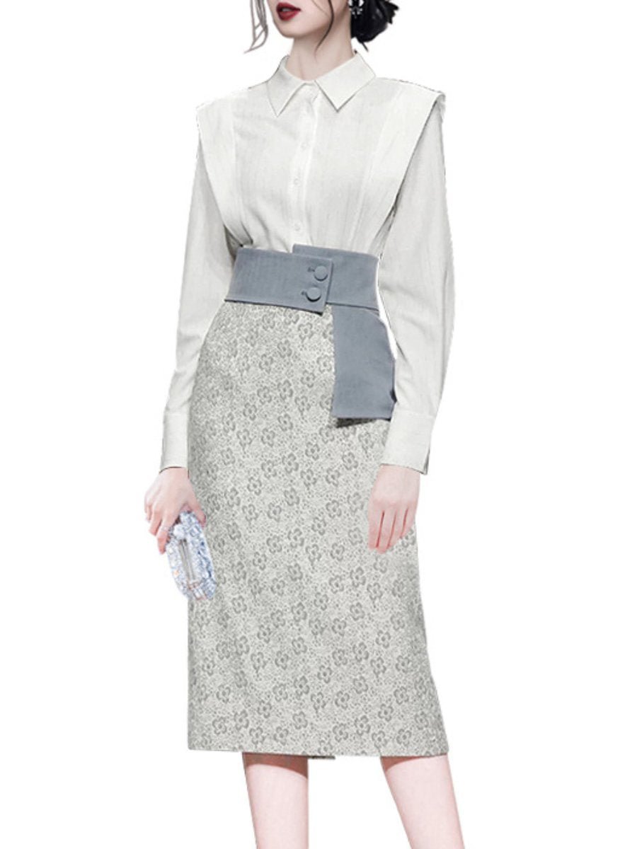 Two Pieces Dress Lapel Shirt Floral Wide Belt Pencil Skirt Suit
