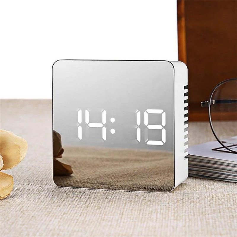LED Night Light Mirror Alarm Clock Digital Snooze Wake Up Table Clock Electronic Time Temperature Display Home Decor Clock Lamp