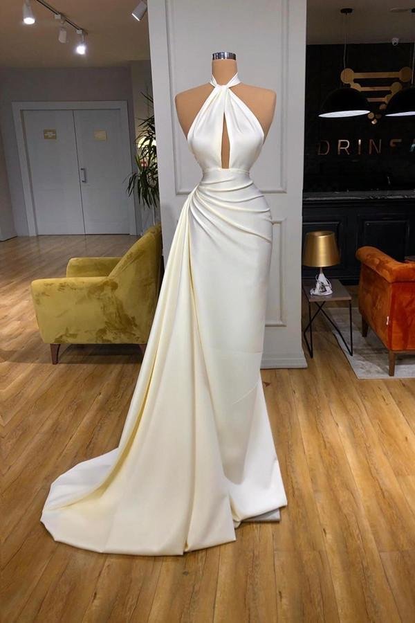 Mermaid Halter Ivory Long Evening Party Gowns Prom Dress - lulusllly