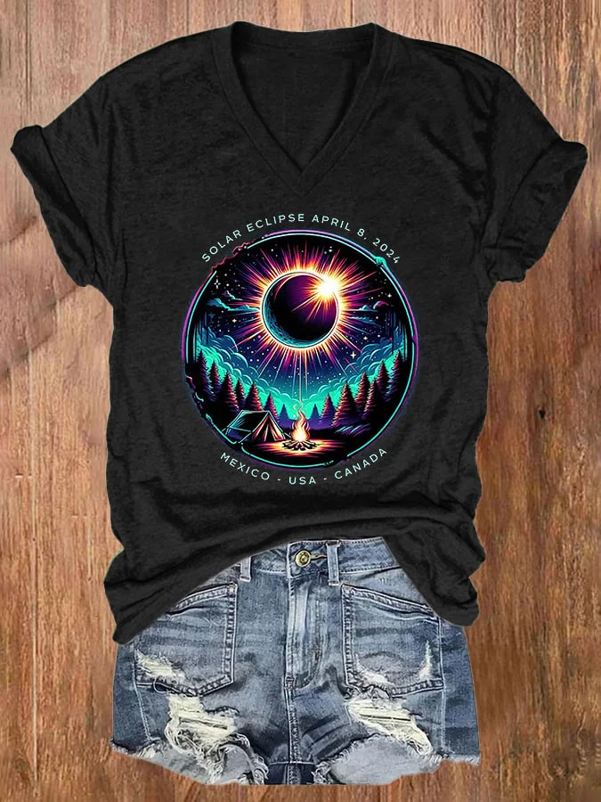 V-neck Retro Solar Eclipse Of April 8, 2024 Print T-Shirt socialshop