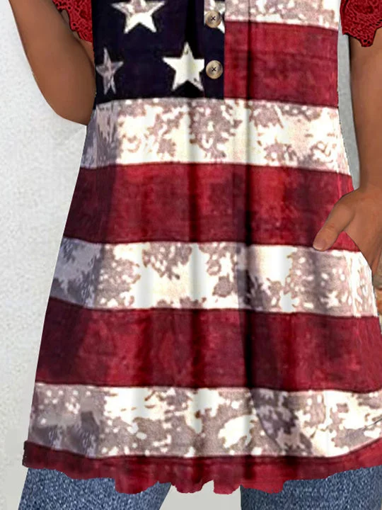 Women's Short Sleeve V-neck Graphic Lace Pockets Tops