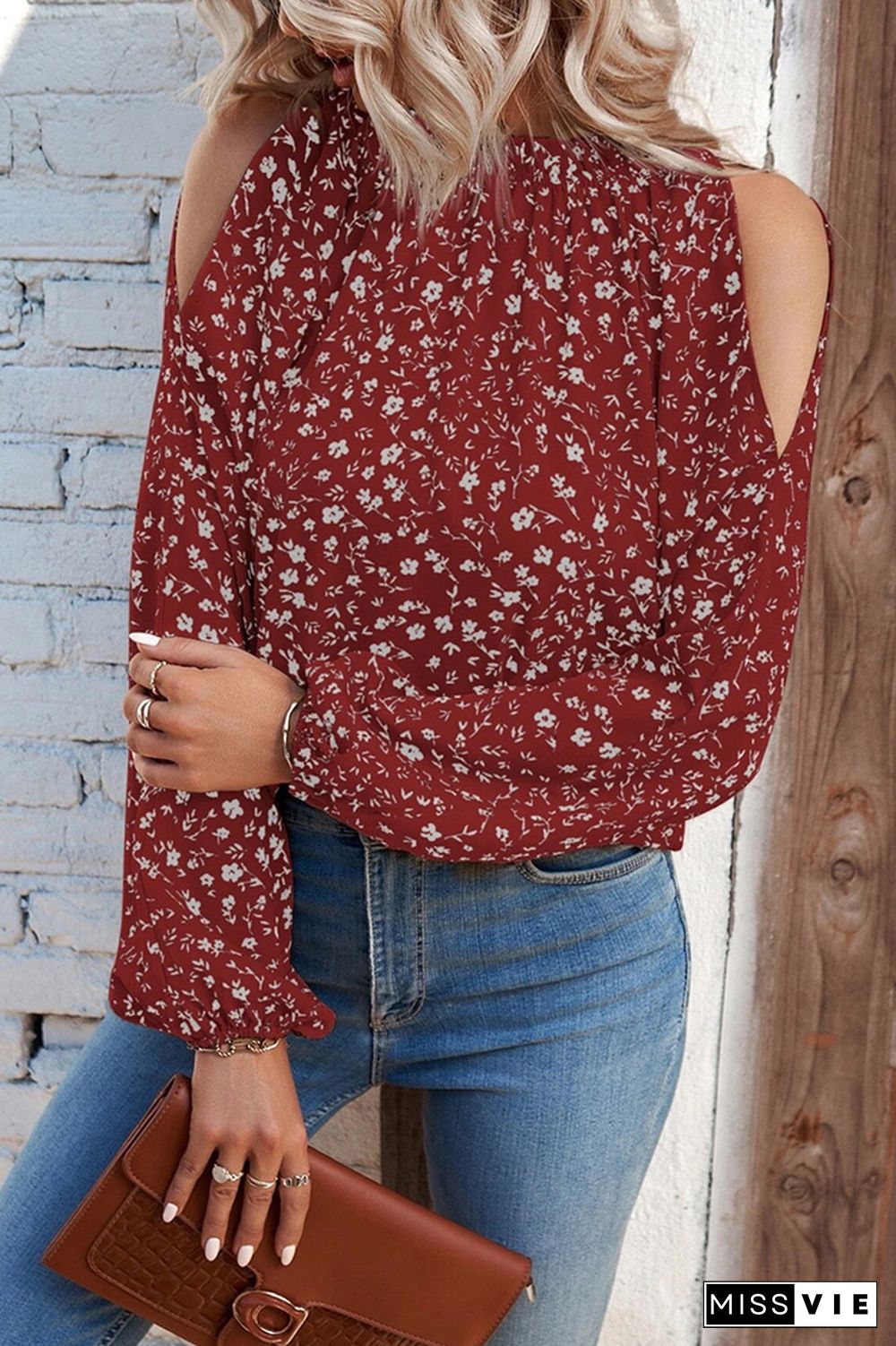 Cold Shoulder Frilled Collar Floral Blouse