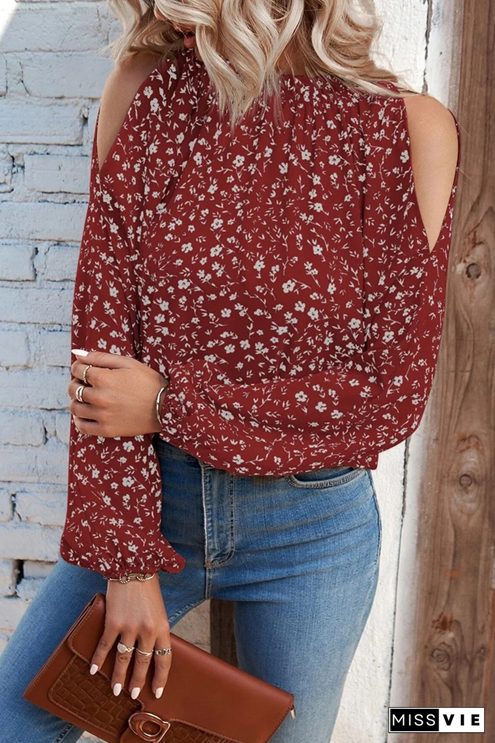 Cold Shoulder Frilled Collar Floral Blouse