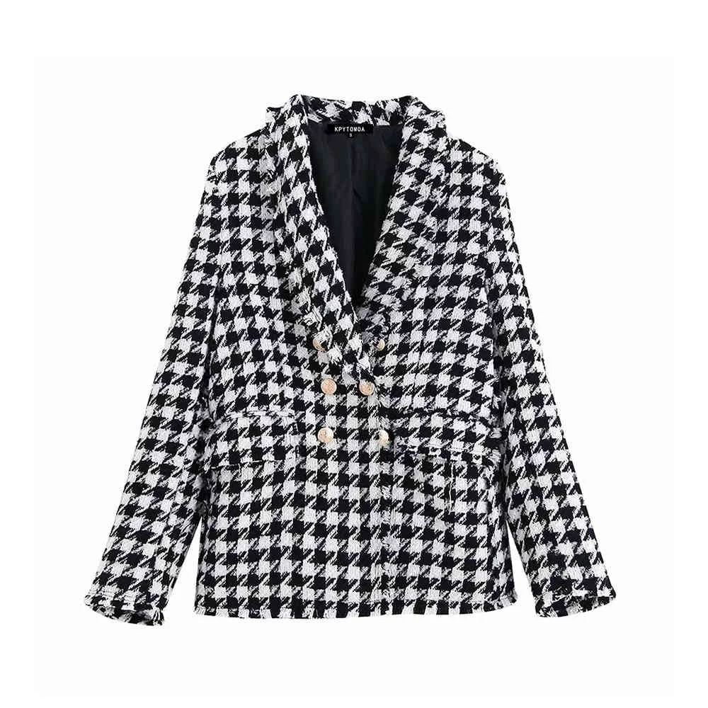 KPYTOMOA Women Fashion Double Breasted Houndstooth Tweed Blazers Coat Vintage Long Sleeve Frayed Trim Female Outerwear Chic Tops