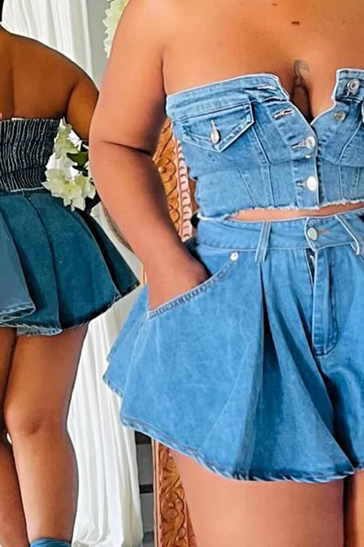 Frayed Denim Button Tube Top Pocket Mini Skirt Matching Set-Blue [Pre Order]