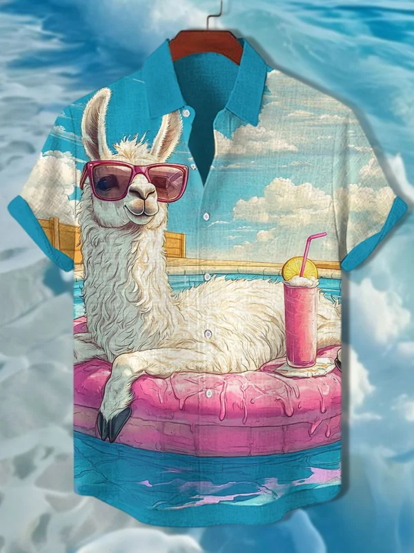 Men's Swimming Pool Alpaca Vacation Style Print Short Sleeve Shirt