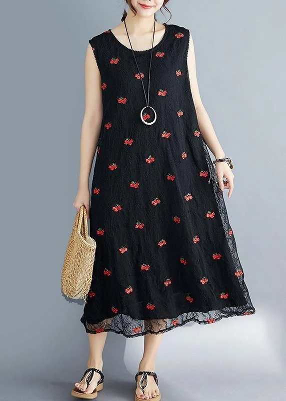 Elegant embroidery lace clothes Sleeve black Dress summer sleeveless