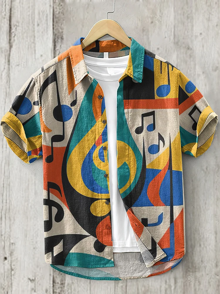 Vintage Colorful Music Note Art Print Linen Blend Comfy Shirt