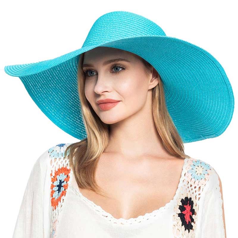 Solid Floppy Straw Sun Hat-SKY BLUE