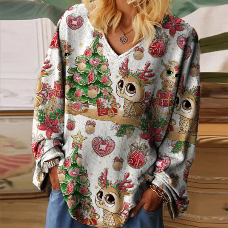 Women's Long-sleeved Christmas Decorations Gifts Printed T-shirt