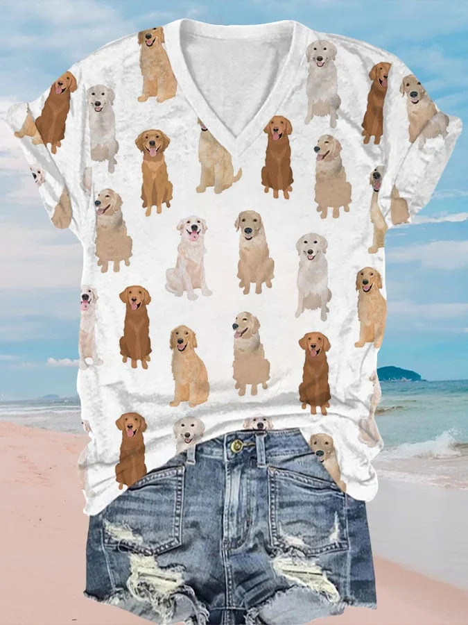 Women's golden retriever print V-neck T-shirt