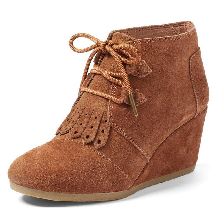 Tan Suede Lace up Wedge Booties |FSJ Shoes