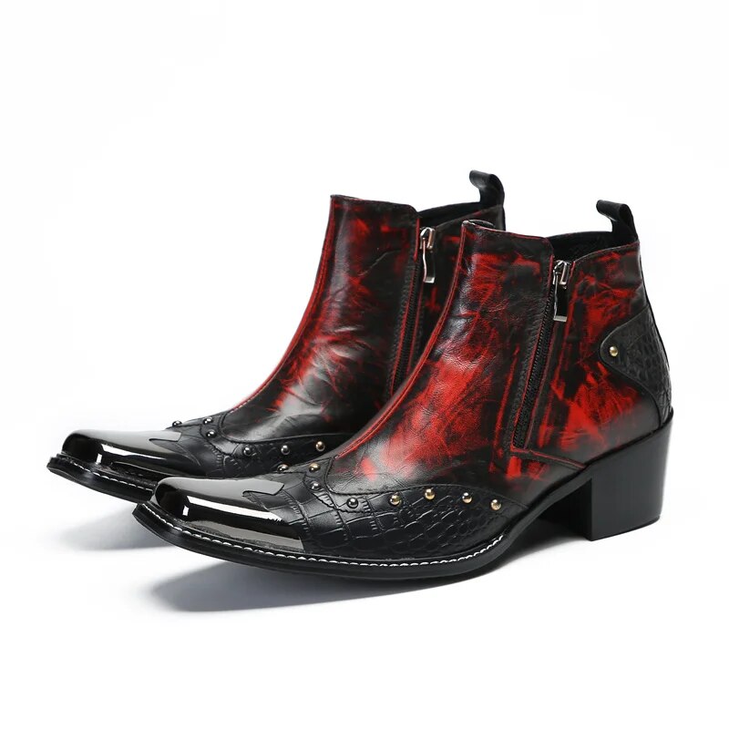 VCSHOES Botas Para Hombre Metal Square Toe Cowboy Motorcycle Short Boots Male Big Size Rivets Men Genuine Leather Ankle Boots