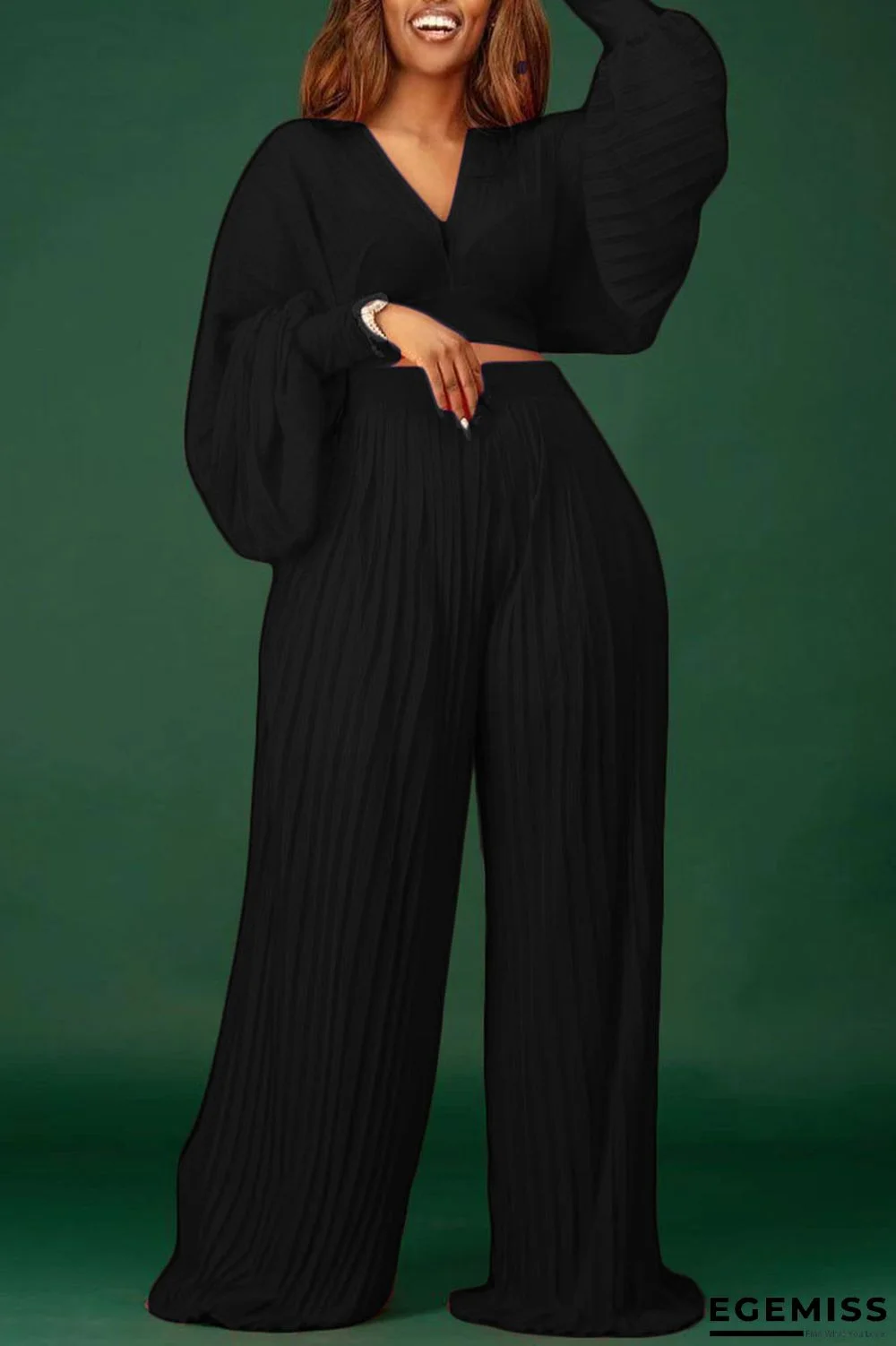 Black Elegant Solid Patchwork V Neck Long Sleeve Two Pieces | EGEMISS