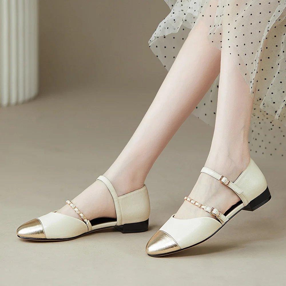 White & Gold  Closed Round Toe Strappy Pumps With Low Chunky Heels Nicepairs